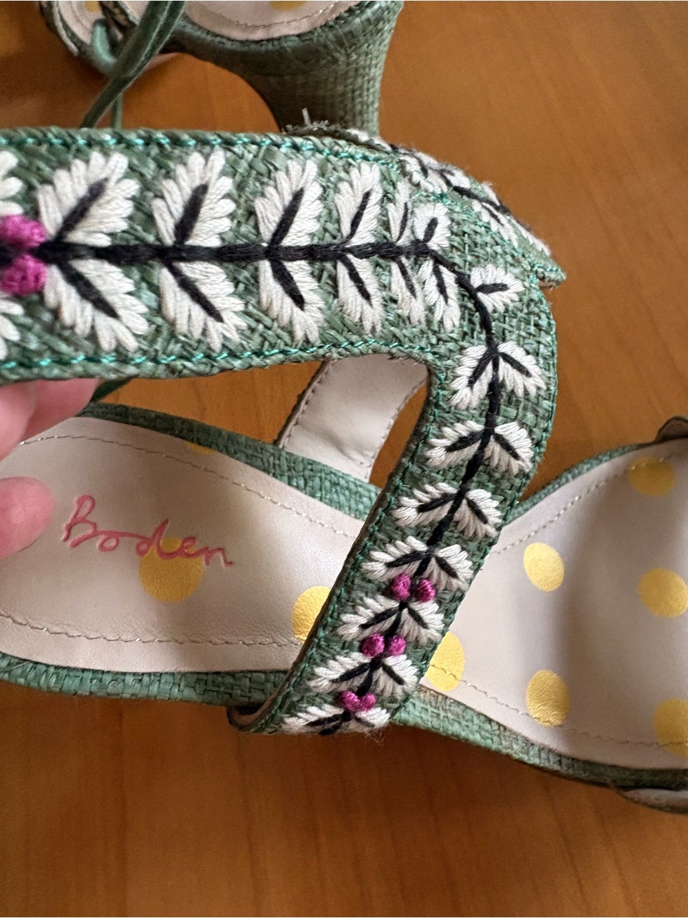 Boden Green Embroidered Ankle-Tie Sandals - Women, Size 7 - Picture 6 of 6